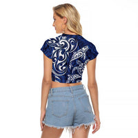 New Zealand Connecting with Seas Raglan Cropped T Shirt Maori Tribal and Sea Animals Tattoo - White Glass Style LT03 - Polynesian Pride