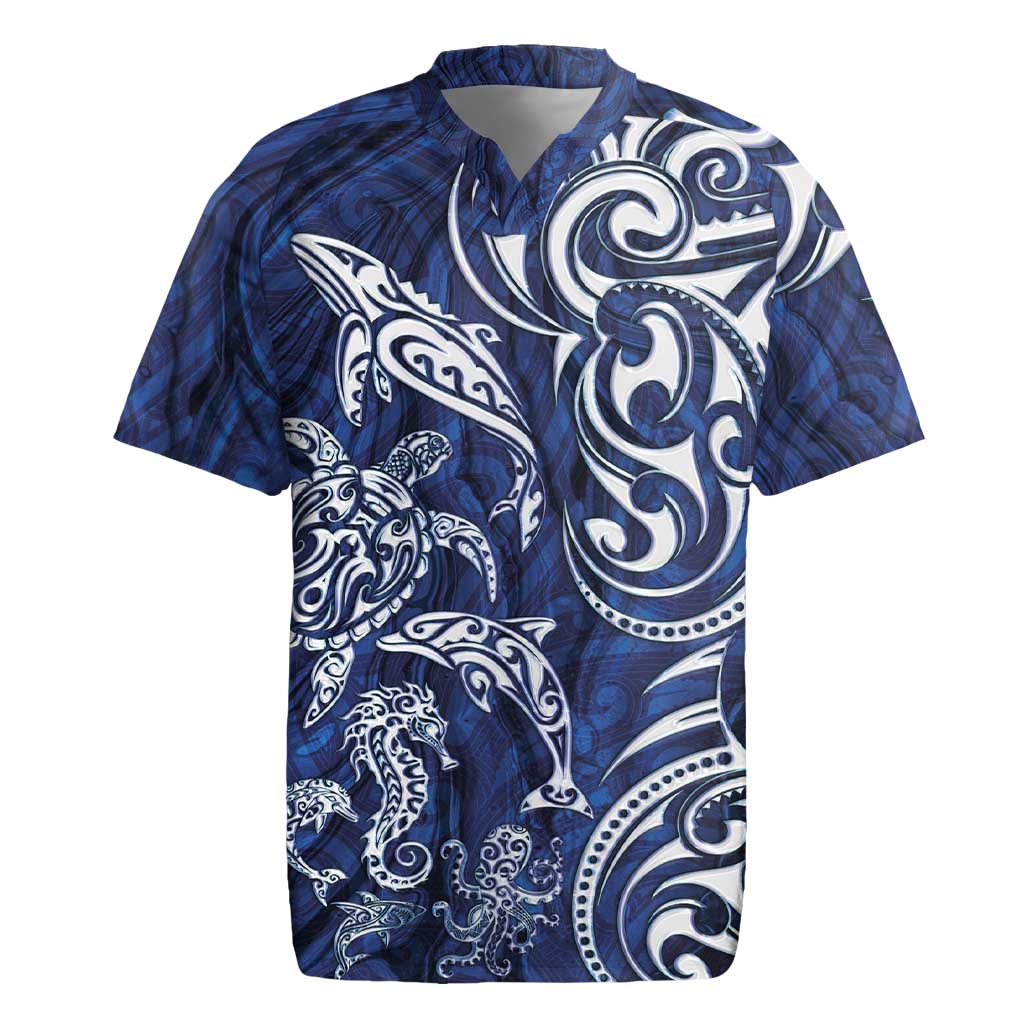 New Zealand Connecting with Seas Rugby Jersey Maori Tribal and Sea Animals Tattoo - White Glass Style LT03 Navy - Polynesian Pride