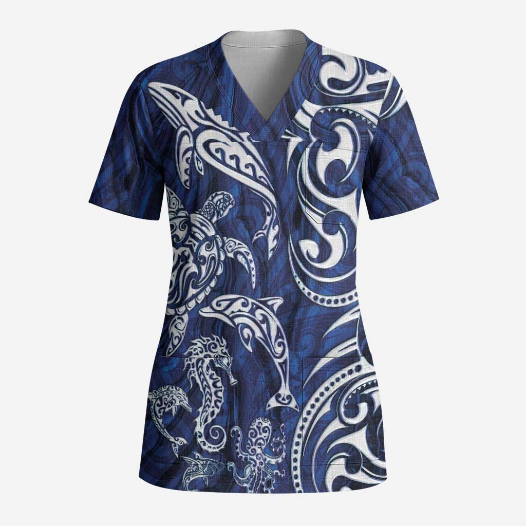 New Zealand Connecting with Seas Scrub Top Maori Tribal and Sea Animals Tattoo - White Glass Style LT03 Adult Navy - Polynesian Pride