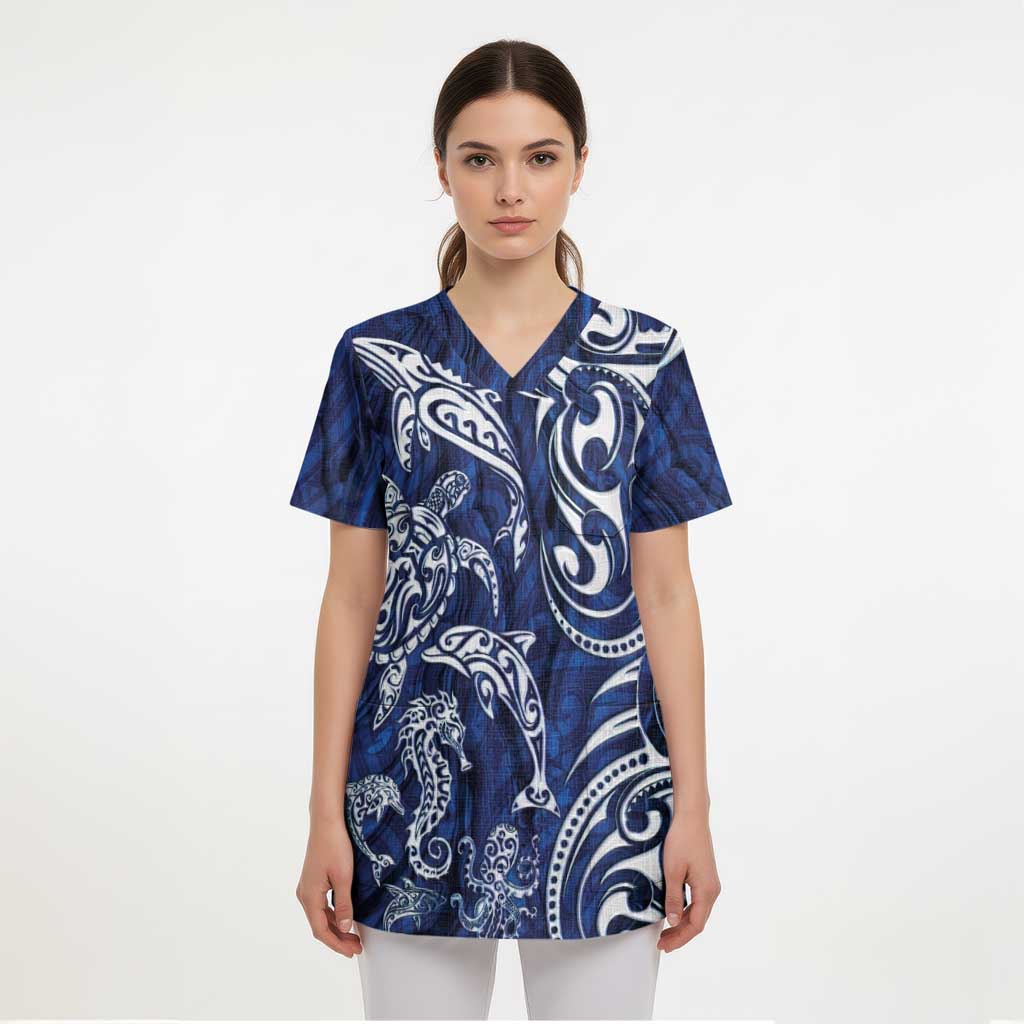 New Zealand Connecting with Seas Scrub Top Maori Tribal and Sea Animals Tattoo - White Glass Style LT03 - Polynesian Pride
