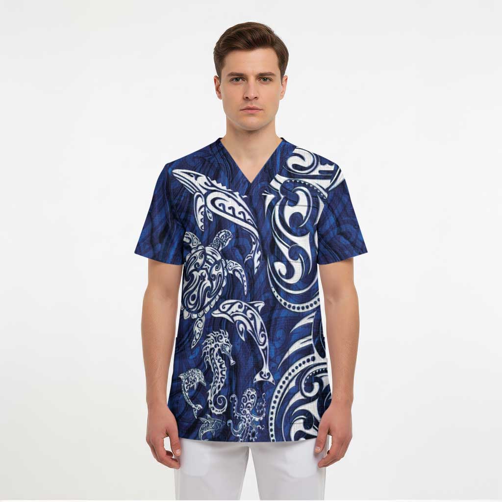 New Zealand Connecting with Seas Scrub Top Maori Tribal and Sea Animals Tattoo - White Glass Style LT03 - Polynesian Pride