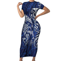 New Zealand Connecting with Seas Short Sleeve Bodycon Dress Maori Tribal and Sea Animals Tattoo - White Glass Style LT03 Long Dress Navy - Polynesian Pride
