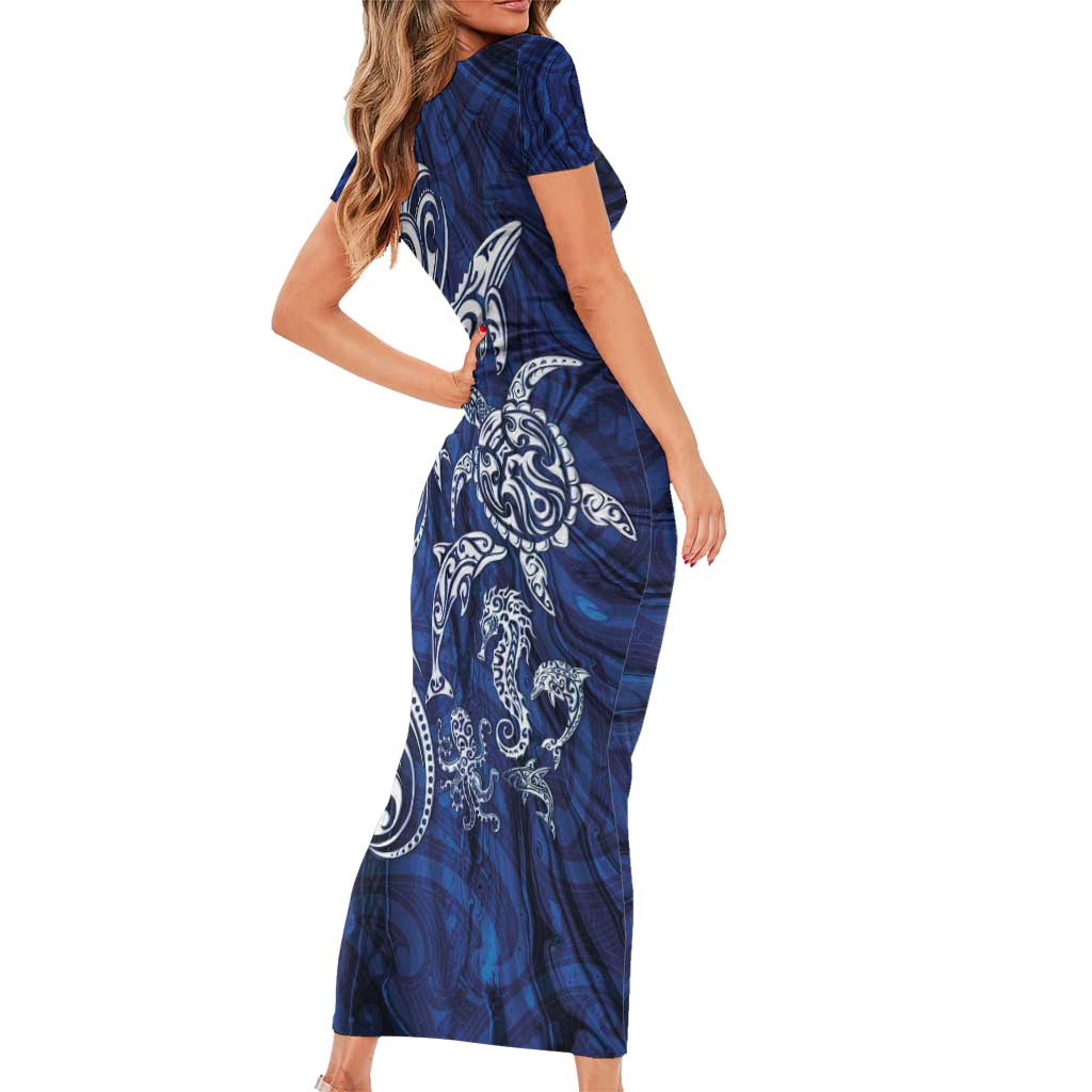 New Zealand Connecting with Seas Short Sleeve Bodycon Dress Maori Tribal and Sea Animals Tattoo - White Glass Style LT03 - Polynesian Pride