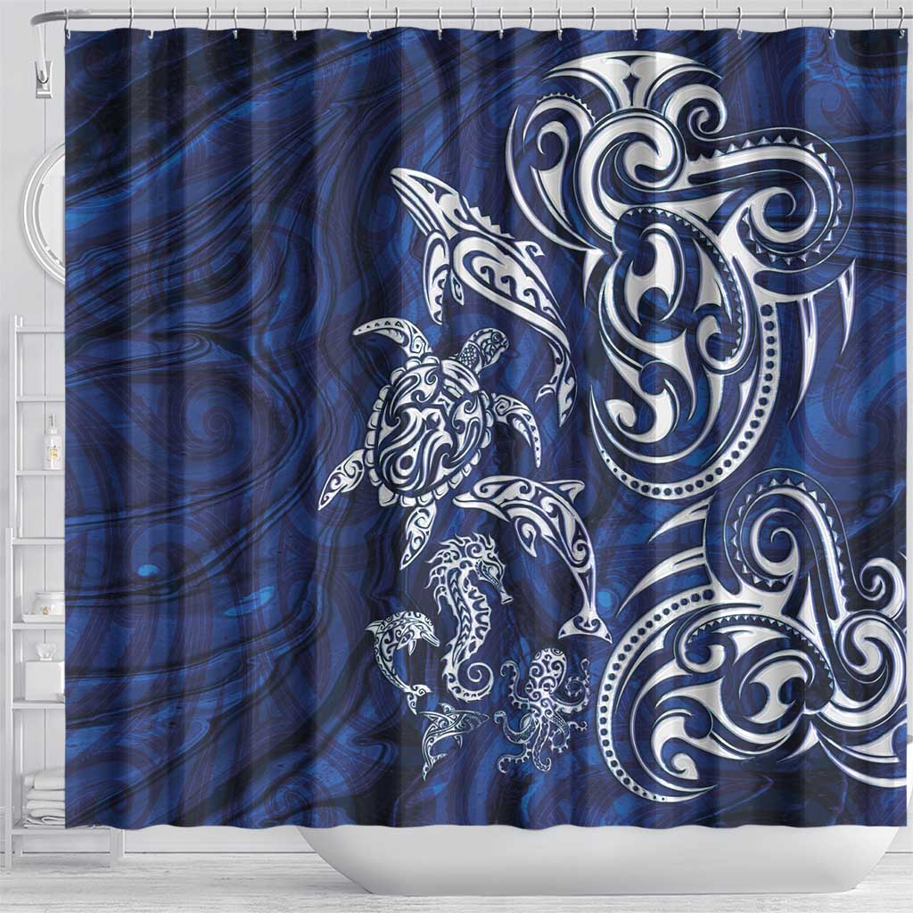 New Zealand Connecting with Seas Shower Curtain Maori Tribal and Sea Animals Tattoo - White Glass Style LT03 - Polynesian Pride