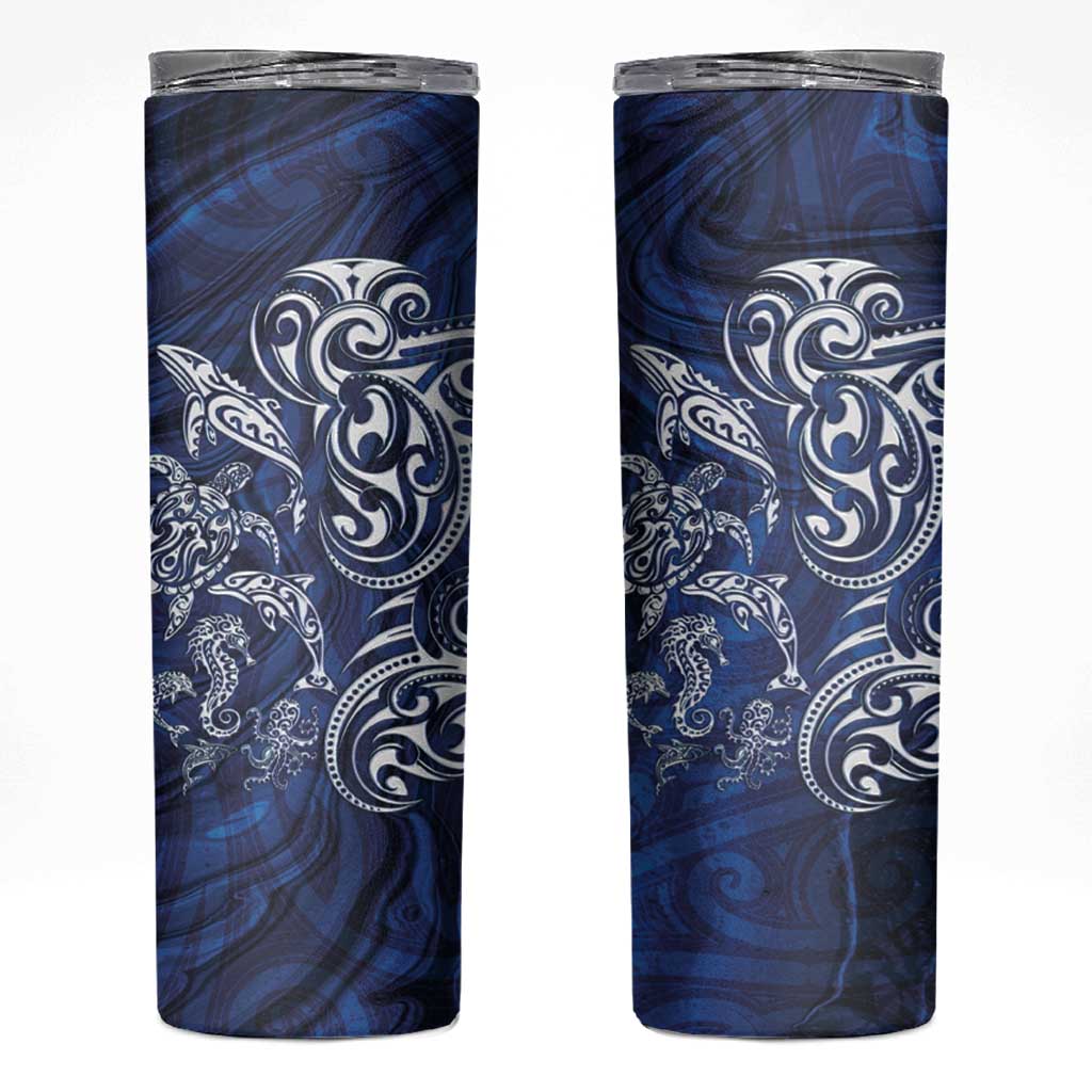 New Zealand Connecting with Seas Skinny Tumbler Maori Tribal and Sea Animals Tattoo - White Glass Style LT03 Navy - Polynesian Pride