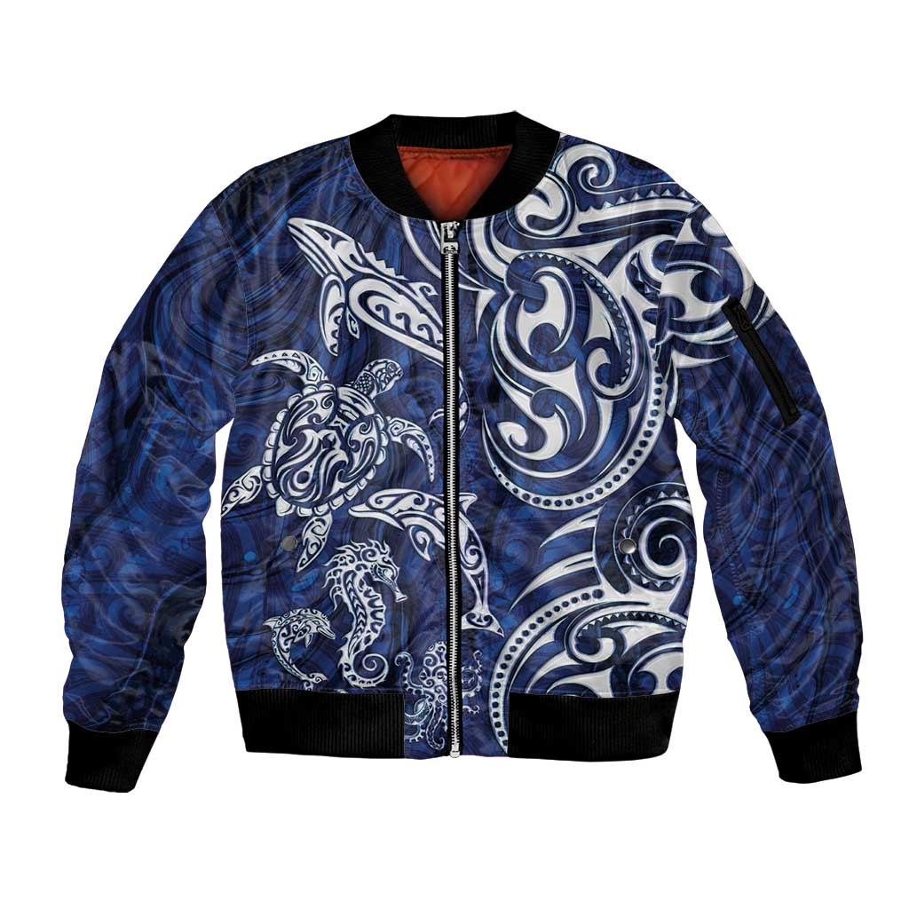 New Zealand Connecting with Seas Sleeve Zip Bomber Jacket Maori Tribal and Sea Animals Tattoo - White Glass Style LT03 Unisex Navy - Polynesian Pride