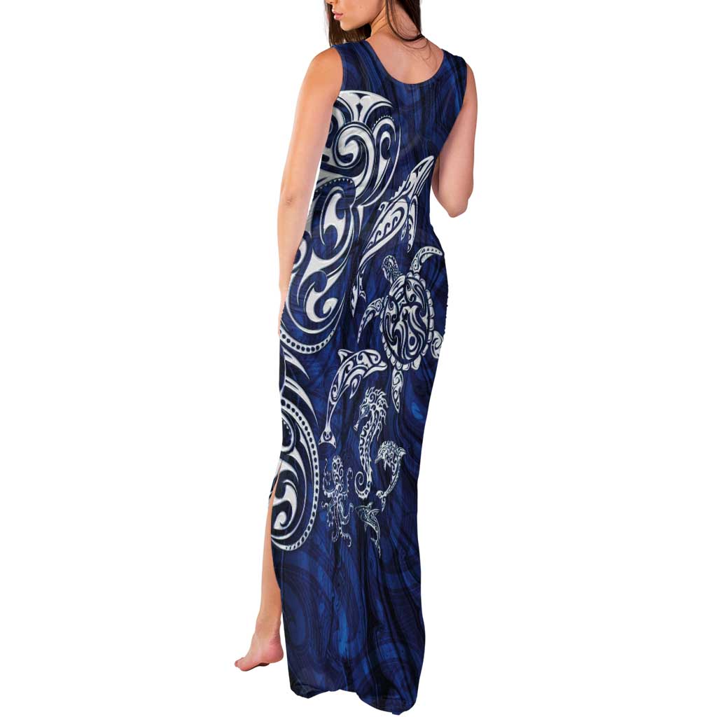 New Zealand Connecting with Seas Tank Maxi Dress Maori Tribal and Sea Animals Tattoo - White Glass Style LT03 - Polynesian Pride