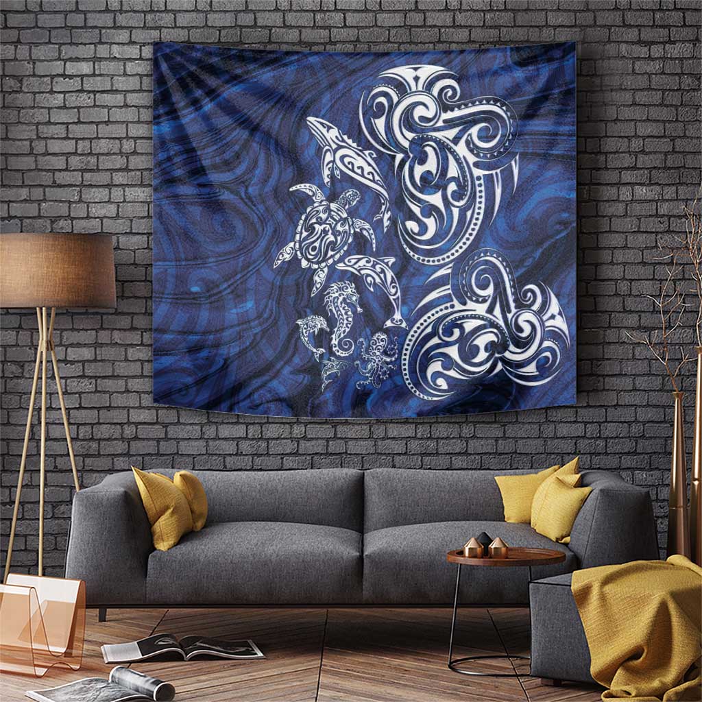 New Zealand Connecting with Seas Tapestry Maori Tribal and Sea Animals Tattoo - White Glass Style LT03 Navy - Polynesian Pride