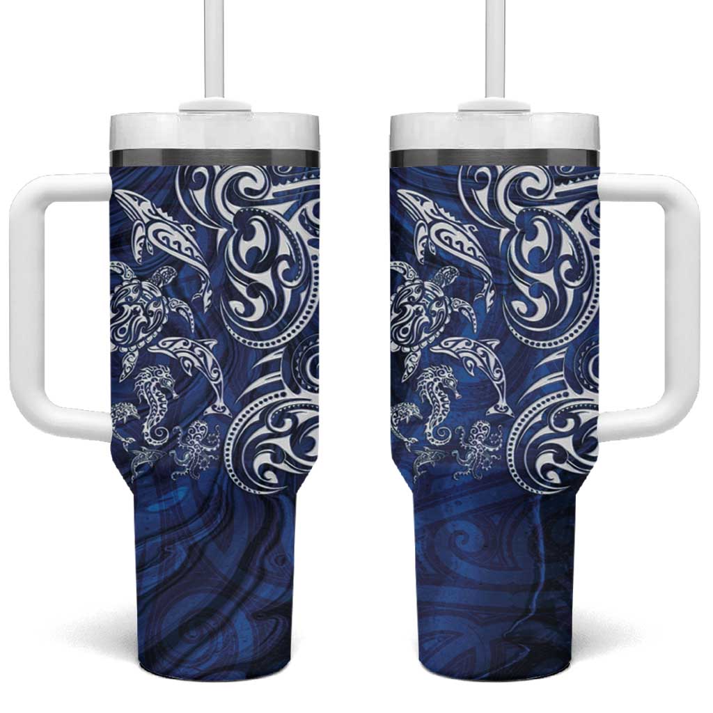 New Zealand Connecting with Seas Tumbler With Handle Maori Tribal and Sea Animals Tattoo - White Glass Style LT03 One Size: 40 oz Navy - Polynesian Pride