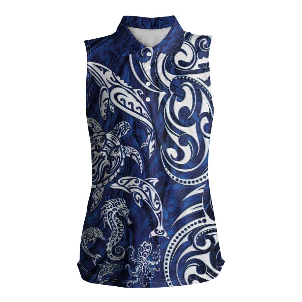 New Zealand Connecting with Seas Women Sleeveless Polo Shirt Maori Tribal and Sea Animals Tattoo - White Glass Style LT03 Female Navy - Polynesian Pride