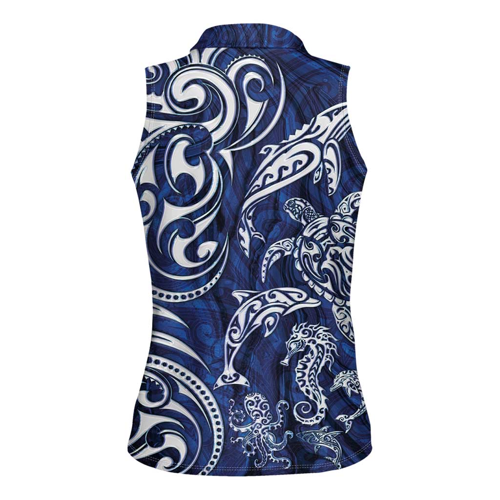 New Zealand Connecting with Seas Women Sleeveless Polo Shirt Maori Tribal and Sea Animals Tattoo - White Glass Style LT03 - Polynesian Pride
