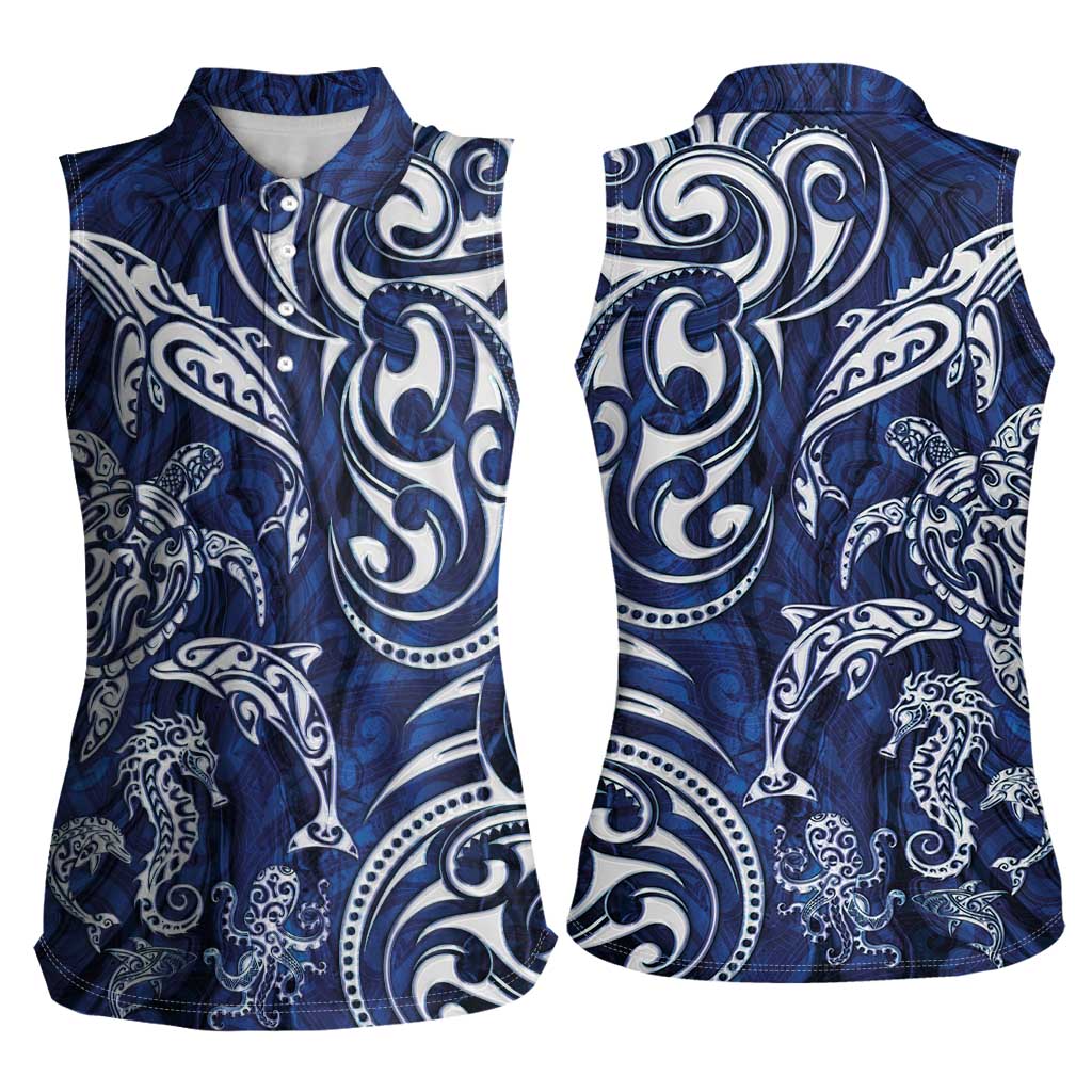 New Zealand Connecting with Seas Women Sleeveless Polo Shirt Maori Tribal and Sea Animals Tattoo - White Glass Style LT03 - Polynesian Pride