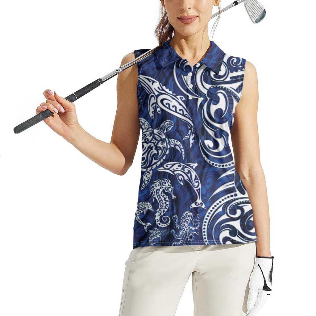 New Zealand Connecting with Seas Women Sleeveless Polo Shirt Maori Tribal and Sea Animals Tattoo - White Glass Style LT03 - Polynesian Pride