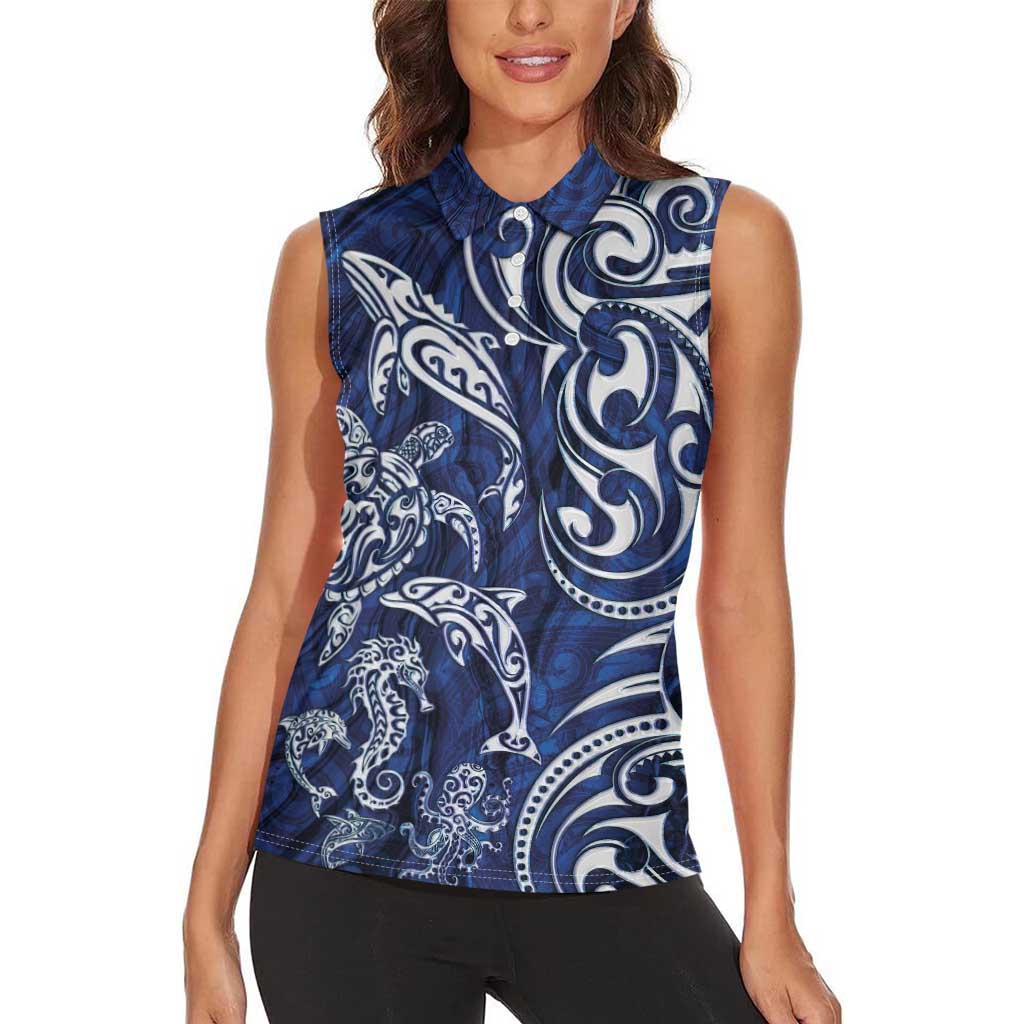 New Zealand Connecting with Seas Women Sleeveless Polo Shirt Maori Tribal and Sea Animals Tattoo - White Glass Style LT03 - Polynesian Pride