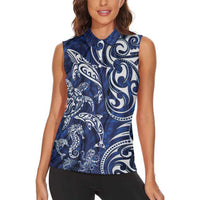 New Zealand Connecting with Seas Women Sleeveless Polo Shirt Maori Tribal and Sea Animals Tattoo - White Glass Style LT03 - Polynesian Pride