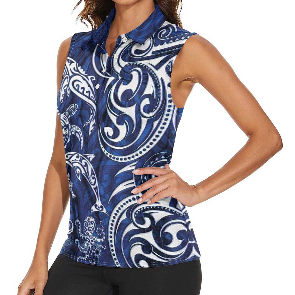 New Zealand Connecting with Seas Women Sleeveless Polo Shirt Maori Tribal and Sea Animals Tattoo - White Glass Style LT03 - Polynesian Pride