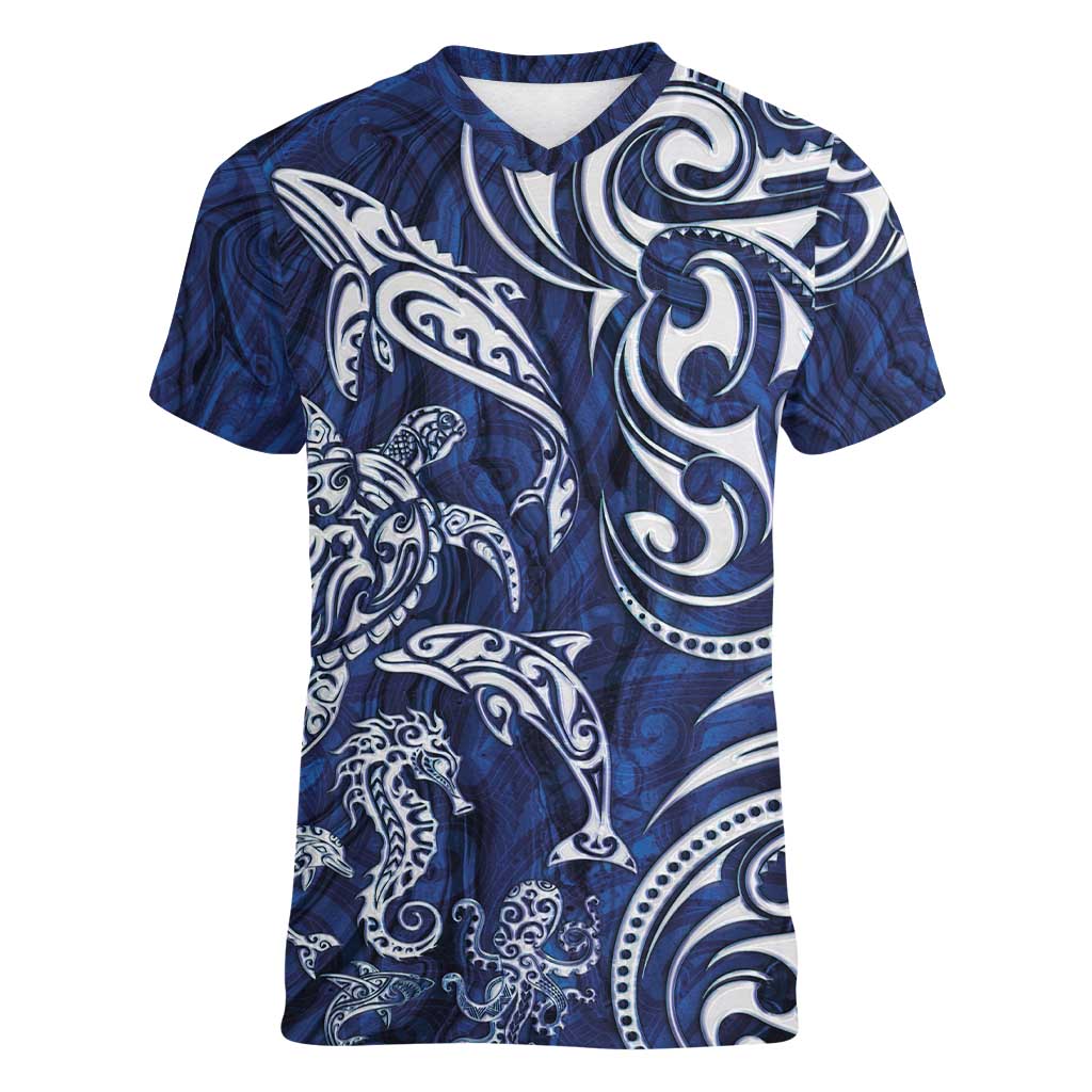 New Zealand Connecting with Seas Women V-Neck T-Shirt Maori Tribal and Sea Animals Tattoo - White Glass Style LT03 Female Navy - Polynesian Pride