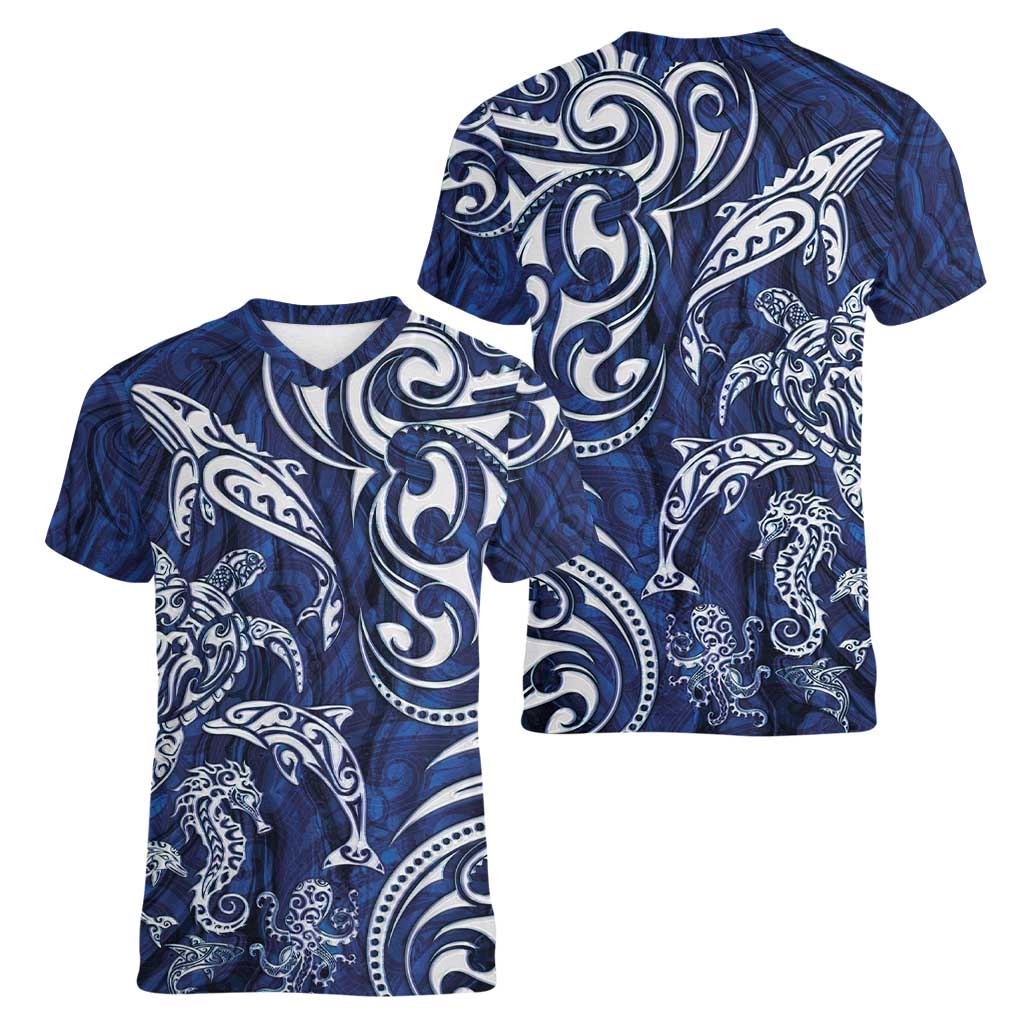 New Zealand Connecting with Seas Women V-Neck T-Shirt Maori Tribal and Sea Animals Tattoo - White Glass Style LT03 - Polynesian Pride