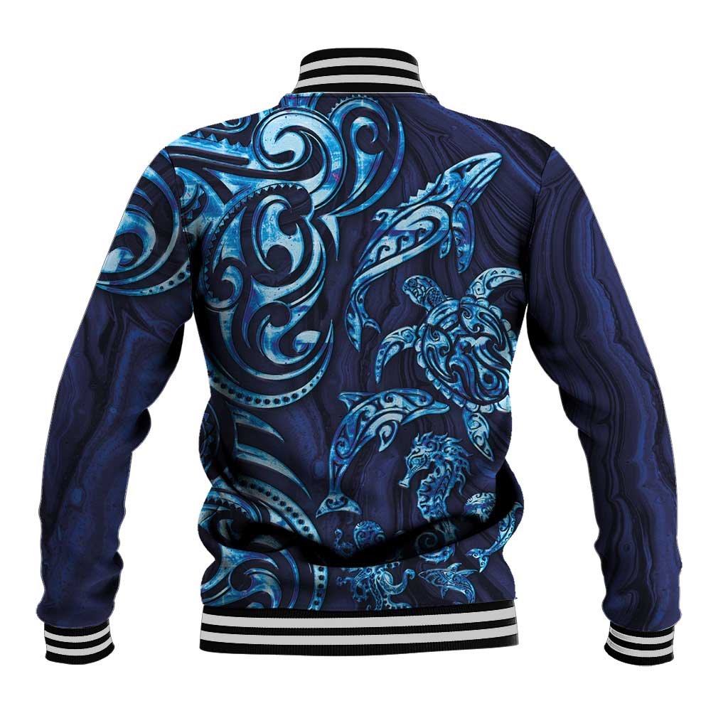 New Zealand Connecting with Seas Baseball Jacket Maori Tribal and Sea Animals Tattoo - Sea Texture Glass Style LT03 - Polynesian Pride