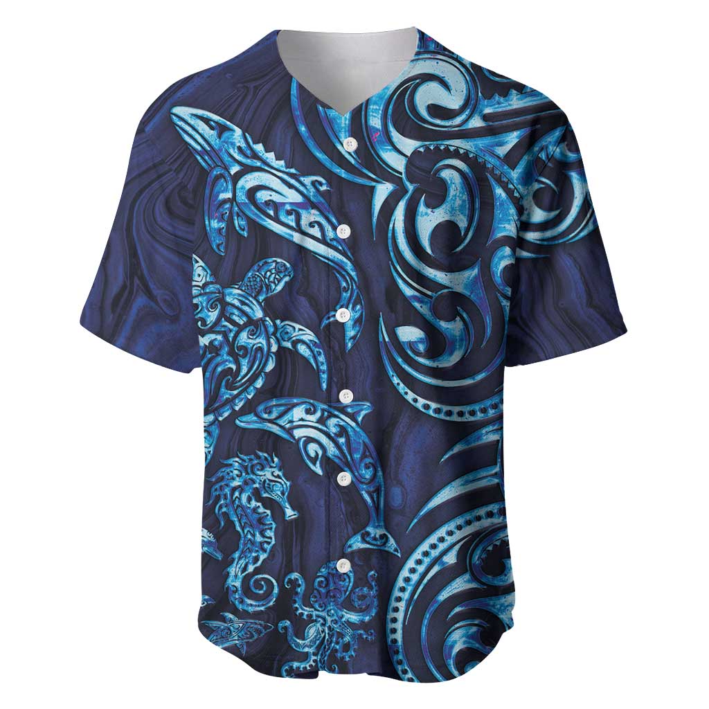 New Zealand Connecting with Seas Baseball Jersey Maori Tribal and Sea Animals Tattoo - Sea Texture Glass Style LT03 Navy - Polynesian Pride