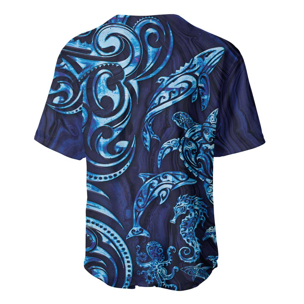 New Zealand Connecting with Seas Baseball Jersey Maori Tribal and Sea Animals Tattoo - Sea Texture Glass Style LT03 - Polynesian Pride