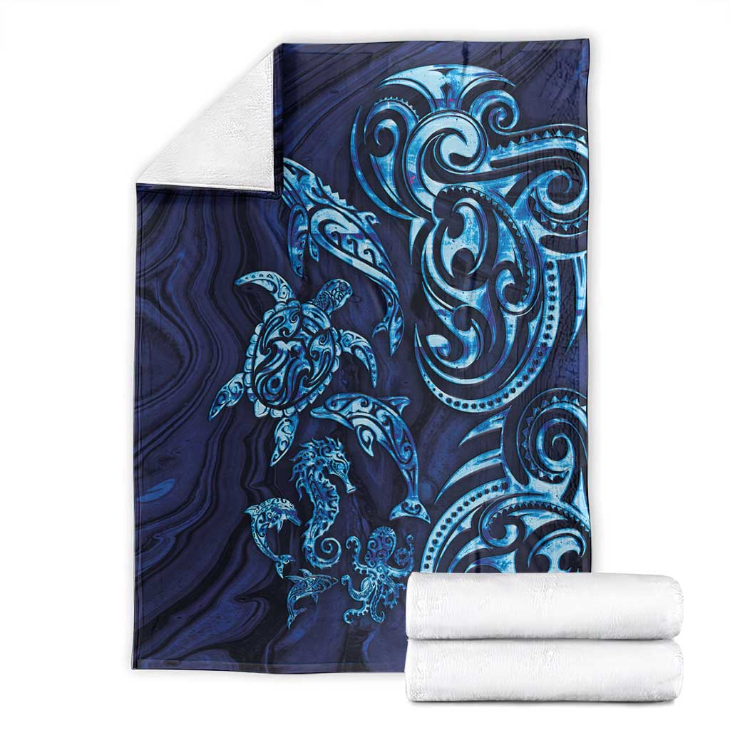 New Zealand Connecting with Seas Blanket Maori Tribal and Sea Animals Tattoo - Sea Texture Glass Style LT03 - Polynesian Pride