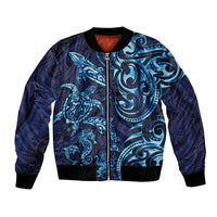 New Zealand Connecting with Seas Bomber Jacket Maori Tribal and Sea Animals Tattoo - Sea Texture Glass Style LT03 Unisex Navy - Polynesian Pride