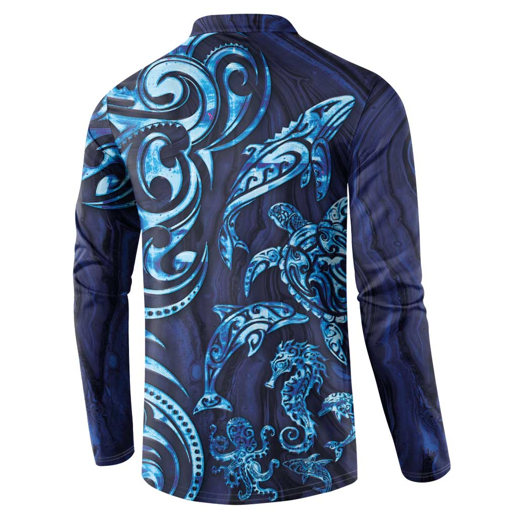 New Zealand Connecting with Seas Button Sweatshirt Maori Tribal and Sea Animals Tattoo - Sea Texture Glass Style LT03 - Polynesian Pride