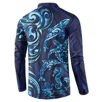New Zealand Connecting with Seas Button Sweatshirt Maori Tribal and Sea Animals Tattoo - Sea Texture Glass Style LT03 - Polynesian Pride