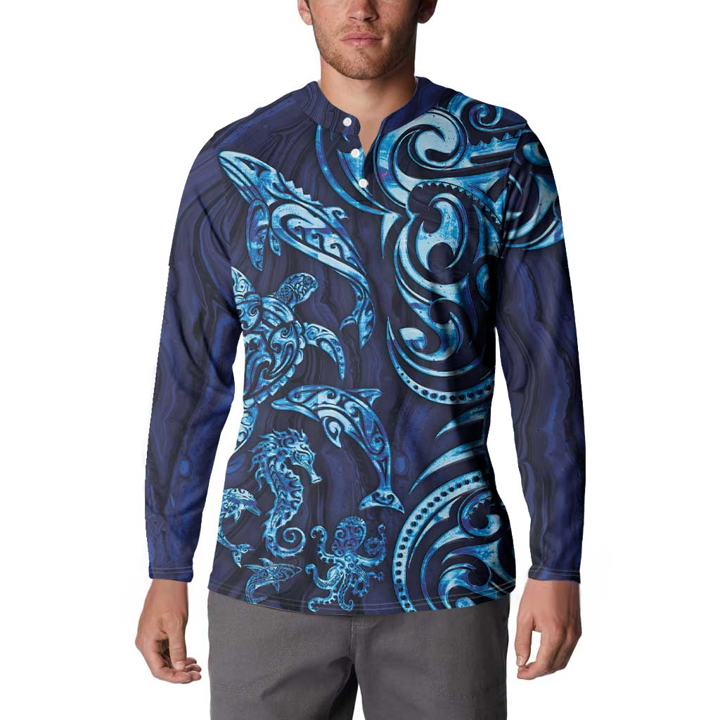New Zealand Connecting with Seas Button Sweatshirt Maori Tribal and Sea Animals Tattoo - Sea Texture Glass Style LT03 - Polynesian Pride