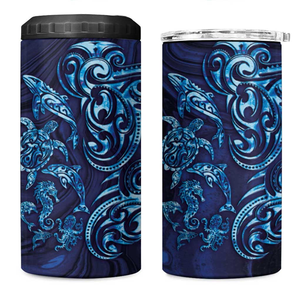 New Zealand Connecting with Seas 4 in 1 Can Cooler Tumbler Maori Tribal and Sea Animals Tattoo - Sea Texture Glass Style LT03 One Size: 16 oz Navy - Polynesian Pride