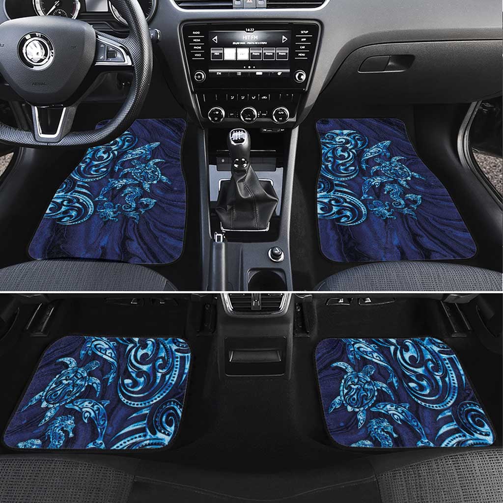 New Zealand Connecting with Seas Car Mats Maori Tribal and Sea Animals Tattoo - Sea Texture Glass Style LT03 Set 4pcs Navy - Polynesian Pride