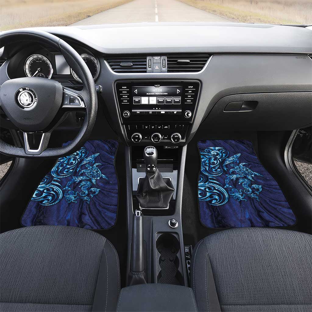 New Zealand Connecting with Seas Car Mats Maori Tribal and Sea Animals Tattoo - Sea Texture Glass Style LT03 Set 2pcs - Front Navy - Polynesian Pride