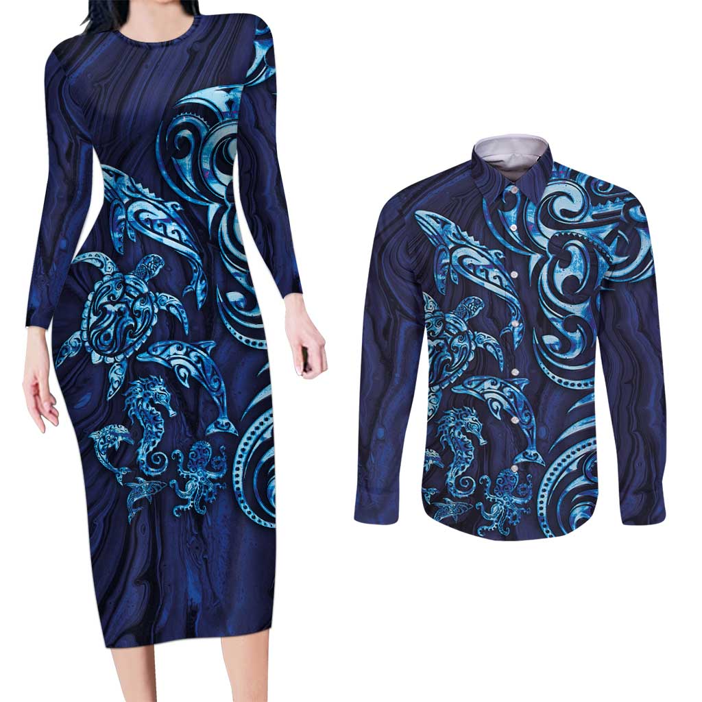 New Zealand Connecting with Seas Couples Matching Long Sleeve Bodycon Dress and Long Sleeve Button Shirt Maori Tribal and Sea Animals Tattoo - Sea Texture Glass Style LT03 Navy - Polynesian Pride