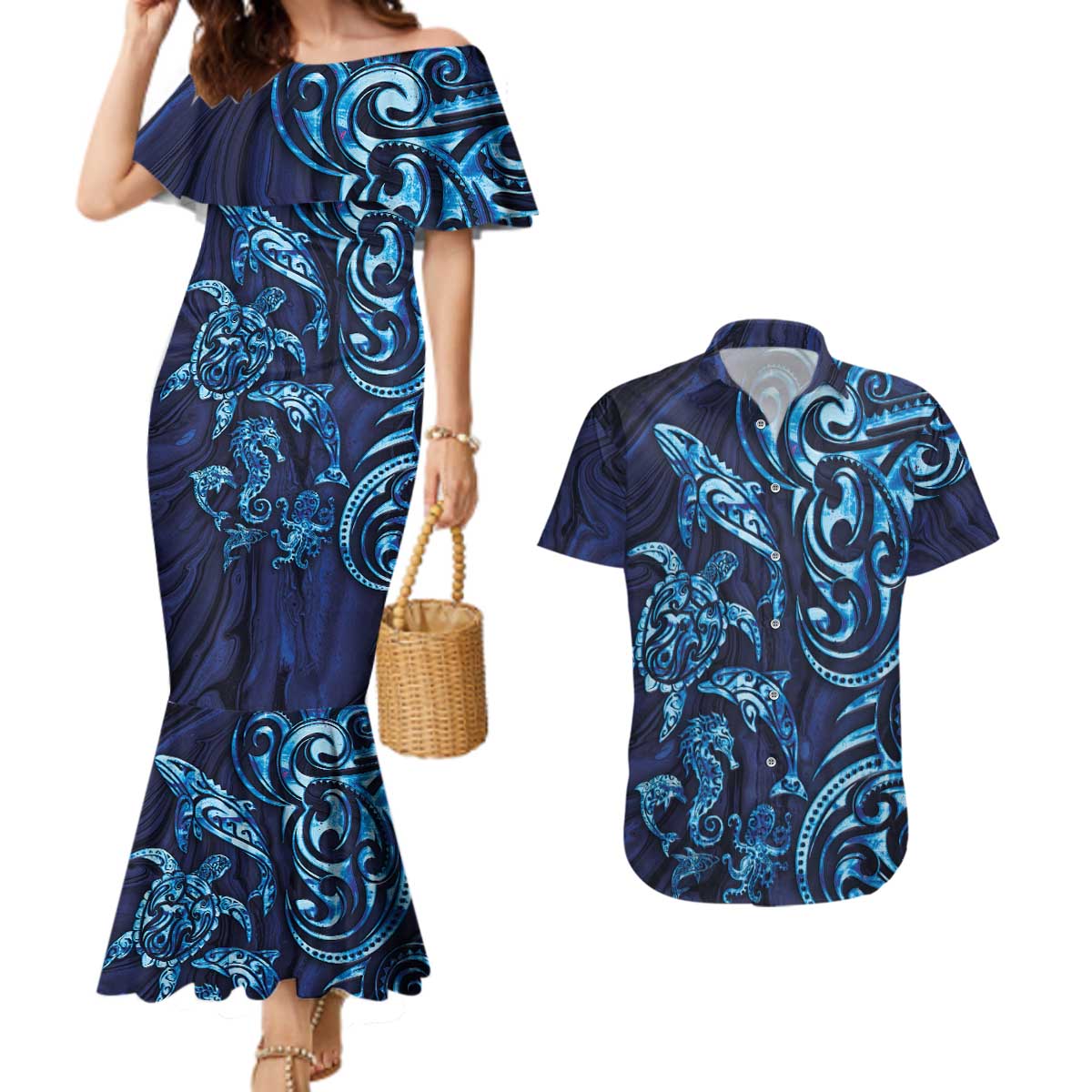New Zealand Connecting with Seas Couples Matching Mermaid Dress and Hawaiian Shirt Maori Tribal and Sea Animals Tattoo - Sea Texture Glass Style LT03 Navy - Polynesian Pride