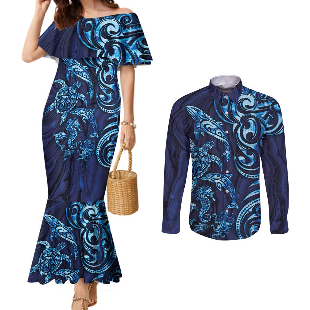 New Zealand Connecting with Seas Couples Matching Mermaid Dress and Long Sleeve Button Shirt Maori Tribal and Sea Animals Tattoo - Sea Texture Glass Style LT03 Navy - Polynesian Pride