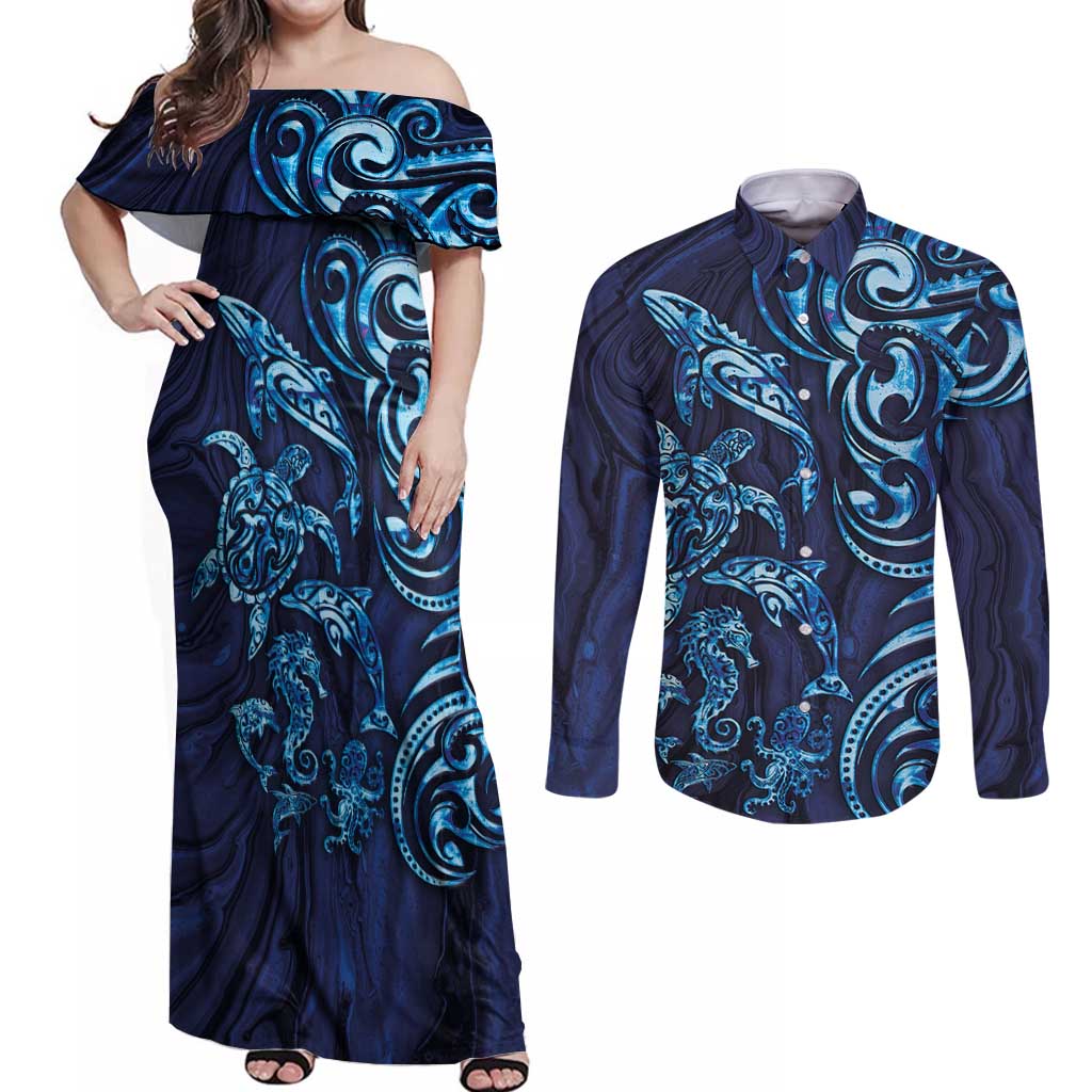New Zealand Connecting with Seas Couples Matching Off Shoulder Maxi Dress and Long Sleeve Button Shirt Maori Tribal and Sea Animals Tattoo - Sea Texture Glass Style LT03 Navy - Polynesian Pride