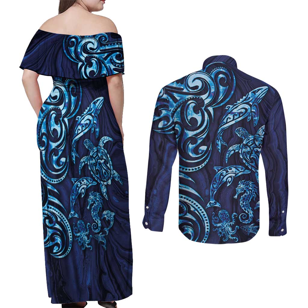 New Zealand Connecting with Seas Couples Matching Off Shoulder Maxi Dress and Long Sleeve Button Shirt Maori Tribal and Sea Animals Tattoo - Sea Texture Glass Style LT03 - Polynesian Pride