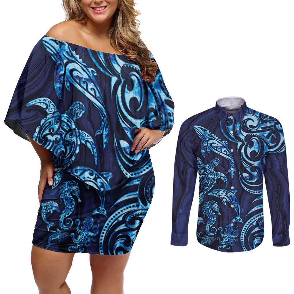 New Zealand Connecting with Seas Couples Matching Off Shoulder Short Dress and Long Sleeve Button Shirt Maori Tribal and Sea Animals Tattoo - Sea Texture Glass Style LT03 Navy - Polynesian Pride