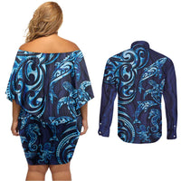 New Zealand Connecting with Seas Couples Matching Off Shoulder Short Dress and Long Sleeve Button Shirt Maori Tribal and Sea Animals Tattoo - Sea Texture Glass Style LT03 - Polynesian Pride