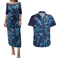 New Zealand Connecting with Seas Couples Matching Puletasi and Hawaiian Shirt Maori Tribal and Sea Animals Tattoo - Sea Texture Glass Style LT03 Navy - Polynesian Pride