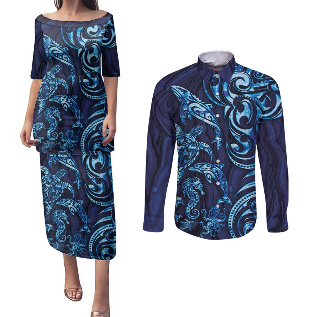 New Zealand Connecting with Seas Couples Matching Puletasi and Long Sleeve Button Shirt Maori Tribal and Sea Animals Tattoo - Sea Texture Glass Style LT03 Navy - Polynesian Pride
