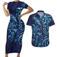 New Zealand Connecting with Seas Couples Matching Short Sleeve Bodycon Dress and Hawaiian Shirt Maori Tribal and Sea Animals Tattoo - Sea Texture Glass Style LT03 Navy - Polynesian Pride