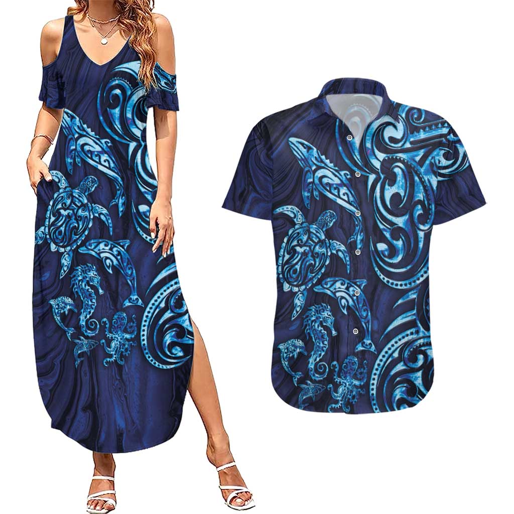 New Zealand Connecting with Seas Couples Matching Summer Maxi Dress and Hawaiian Shirt Maori Tribal and Sea Animals Tattoo - Sea Texture Glass Style LT03 Navy - Polynesian Pride