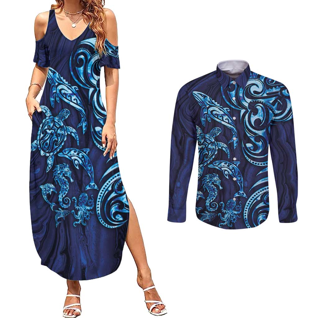 New Zealand Connecting with Seas Couples Matching Summer Maxi Dress and Long Sleeve Button Shirt Maori Tribal and Sea Animals Tattoo - Sea Texture Glass Style LT03 Navy - Polynesian Pride