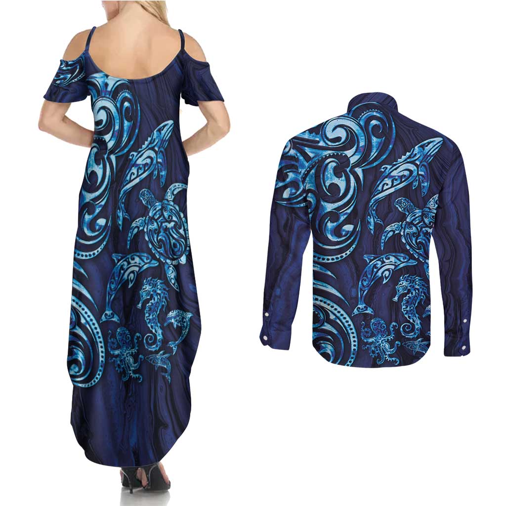 New Zealand Connecting with Seas Couples Matching Summer Maxi Dress and Long Sleeve Button Shirt Maori Tribal and Sea Animals Tattoo - Sea Texture Glass Style LT03 - Polynesian Pride