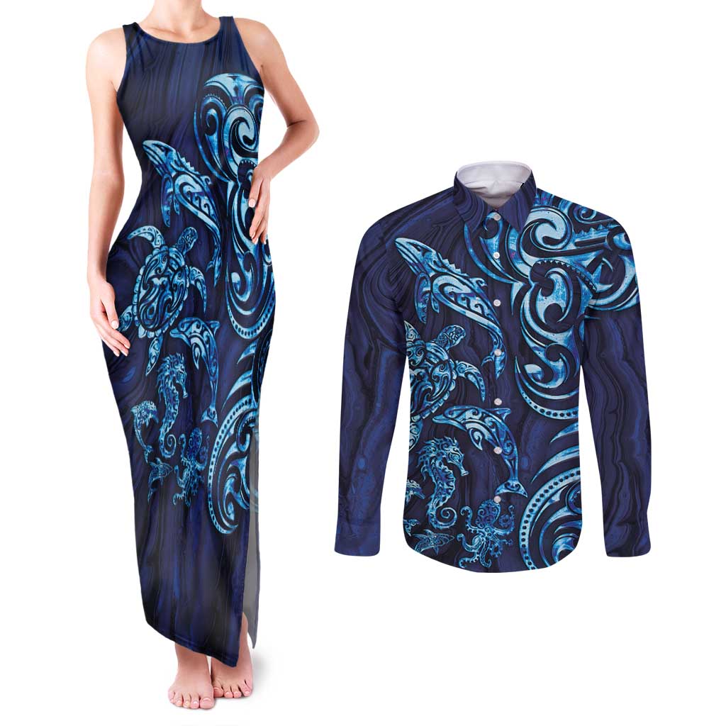 New Zealand Connecting with Seas Couples Matching Tank Maxi Dress and Long Sleeve Button Shirt Maori Tribal and Sea Animals Tattoo - Sea Texture Glass Style LT03 Navy - Polynesian Pride
