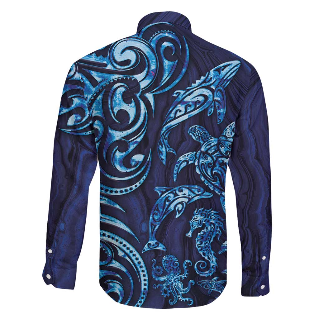 New Zealand Connecting with Seas Family Matching Long Sleeve Bodycon Dress and Hawaiian Shirt Maori Tribal and Sea Animals Tattoo - Sea Texture Glass Style LT03 - Polynesian Pride
