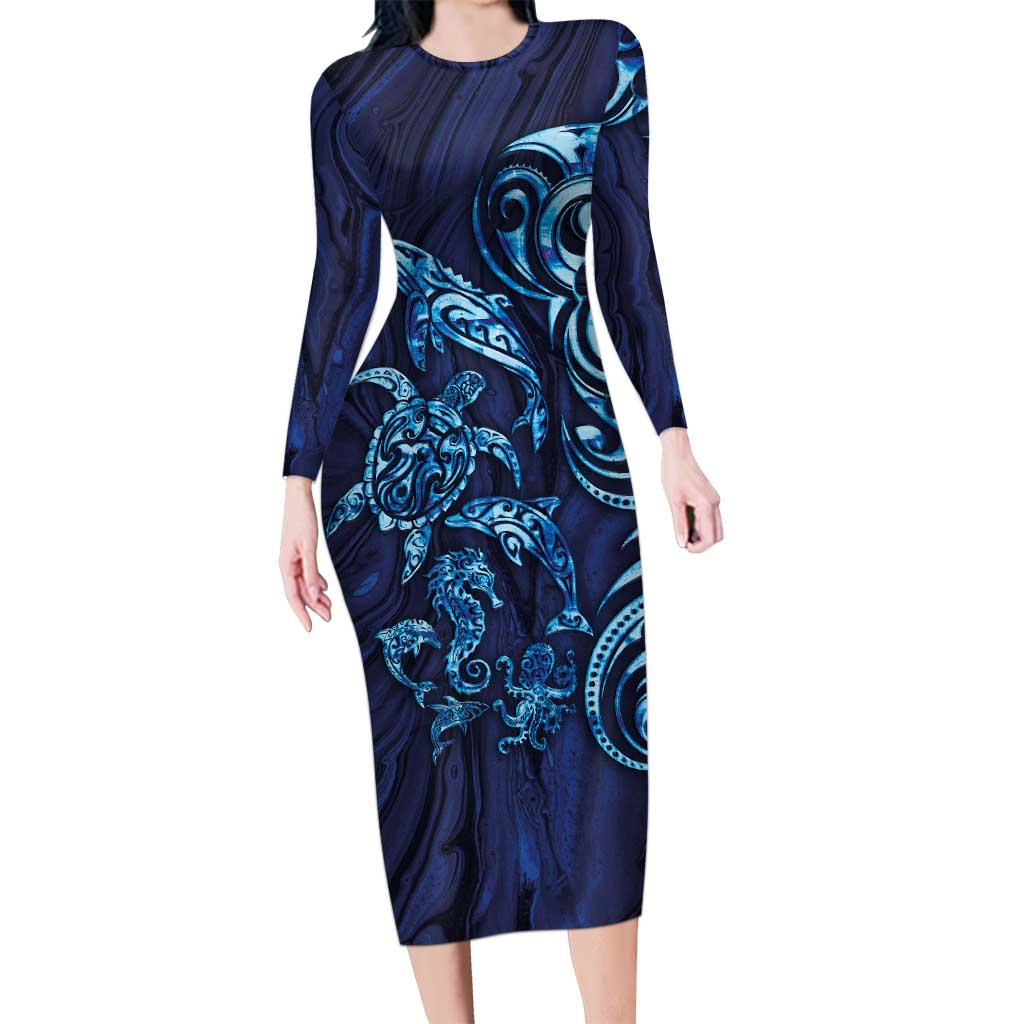 New Zealand Connecting with Seas Family Matching Long Sleeve Bodycon Dress and Hawaiian Shirt Maori Tribal and Sea Animals Tattoo - Sea Texture Glass Style LT03 Mom's Dress Navy - Polynesian Pride