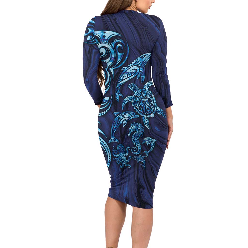 New Zealand Connecting with Seas Family Matching Long Sleeve Bodycon Dress and Hawaiian Shirt Maori Tribal and Sea Animals Tattoo - Sea Texture Glass Style LT03 - Polynesian Pride